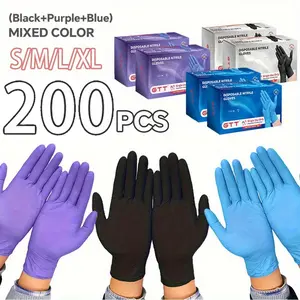 [BUY 1 GET 1 FREE] 200Pcs Heavy-Duty Nitrile Gloves Bulk Pack-Black Purple Blue, 5Mil Thickness Disposable Glove, Powder Free, Latex-Free, Chemical Resistant, Flexible Form-Fitting Glove Suitable for Industrial, Automotive, Cooking, Cleaning, Pet Grooming