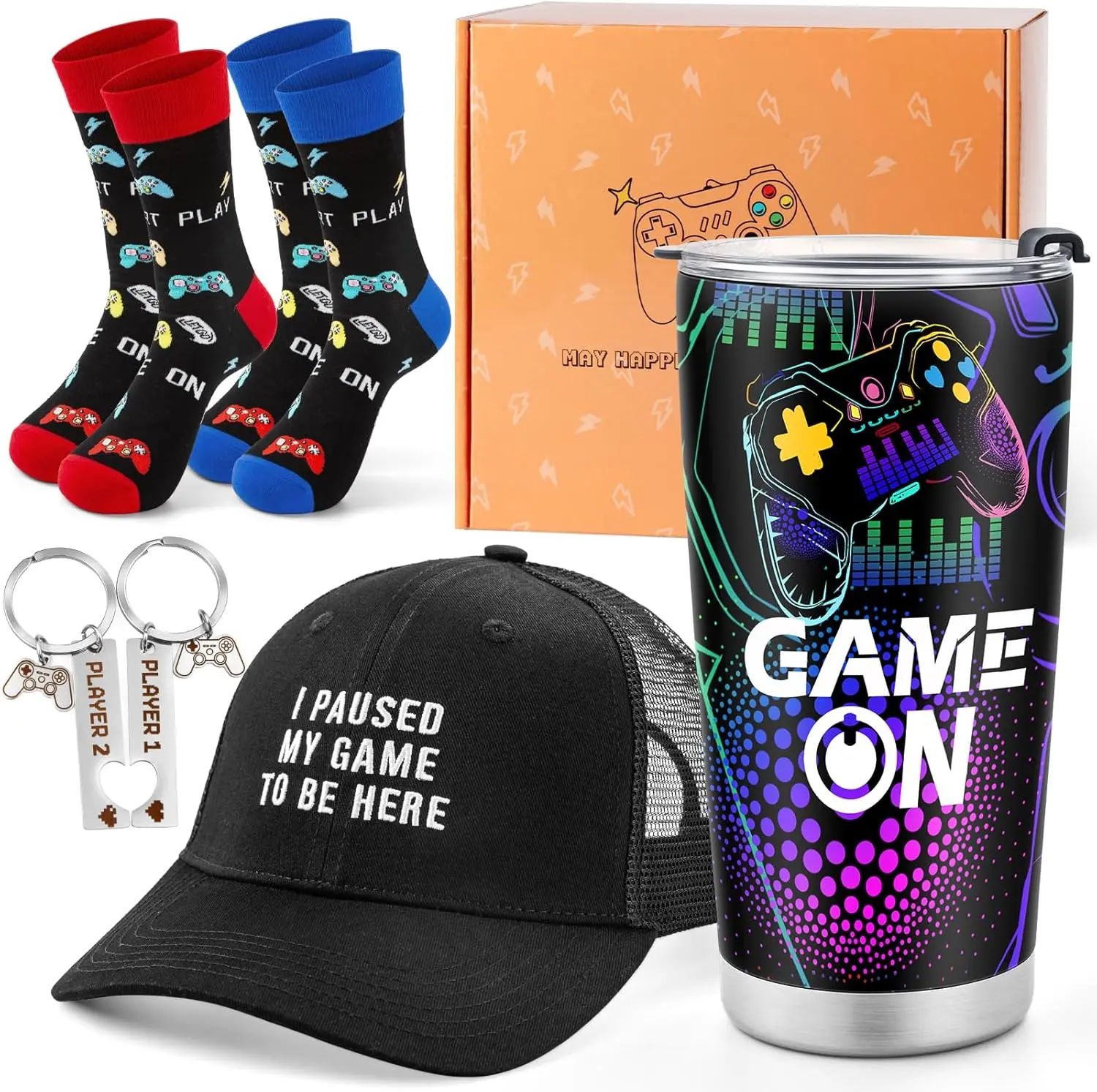 Gamer Gaming Tumbler Gift Set for Kids Boys Teens Birthday Christmas Gamepad Gift Box for Men Dad Boyfriend Husband Brother Male Friends Video Game Lovers Mug Socks Hat Gift Basket Presents
