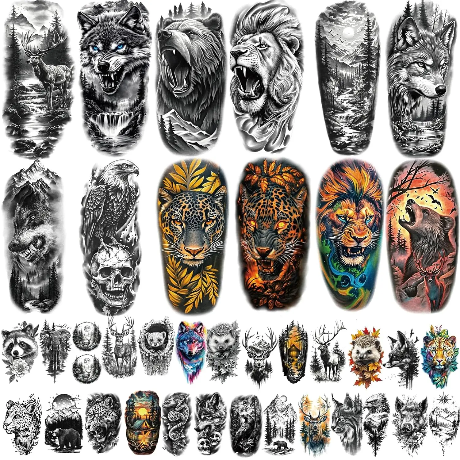 77 Sheets Forest Animals Temporary Tattoo for Women Men, 17 Sheets Half Arm Large Lion Tiger Wolf Fake Tattoos, 60 Sheets Black Skull Owl Bear Tiny for Adult Kids Body Tattoos Stickers Realistic, Realistic Art, Animal Shapes