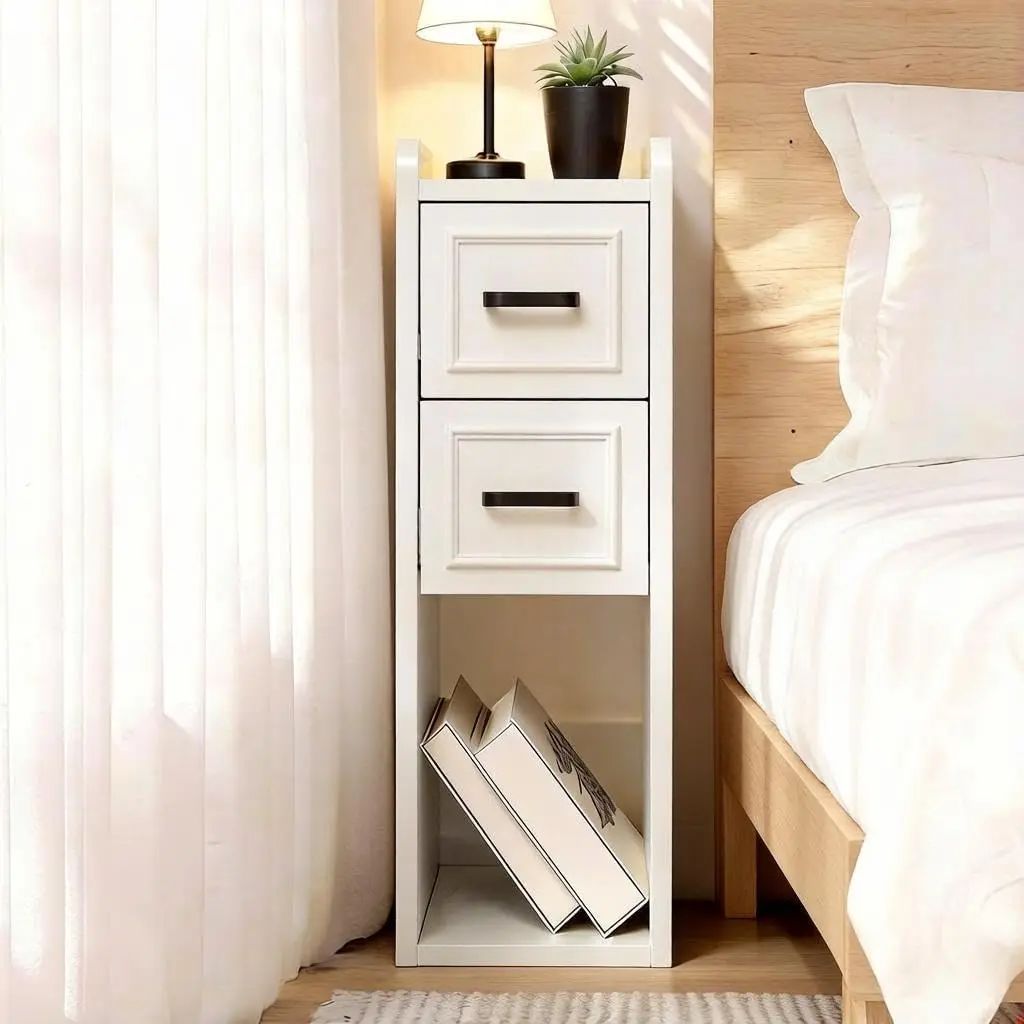 Narrow White Nightstand, Solid Wood Side Table for Sofa & Office Desk, Art Wood Slim Bedside Tables for Small Bedroom, Farmhouse End Table with Drawers and Storage Shelf, Perfect for Apartments, Rente & Small Spaces
