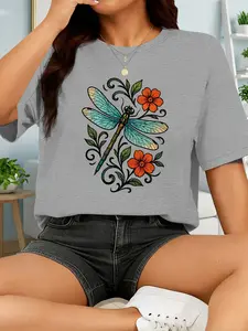 Women's Casual Short Sleeve Crew Neck Cotton T-Shirt – Dragonfly & Floral Graphic Tee, Soft Skin-Friendly Fabric, Machine Washable Spring/Summer Top, Versatile Daily Fashion