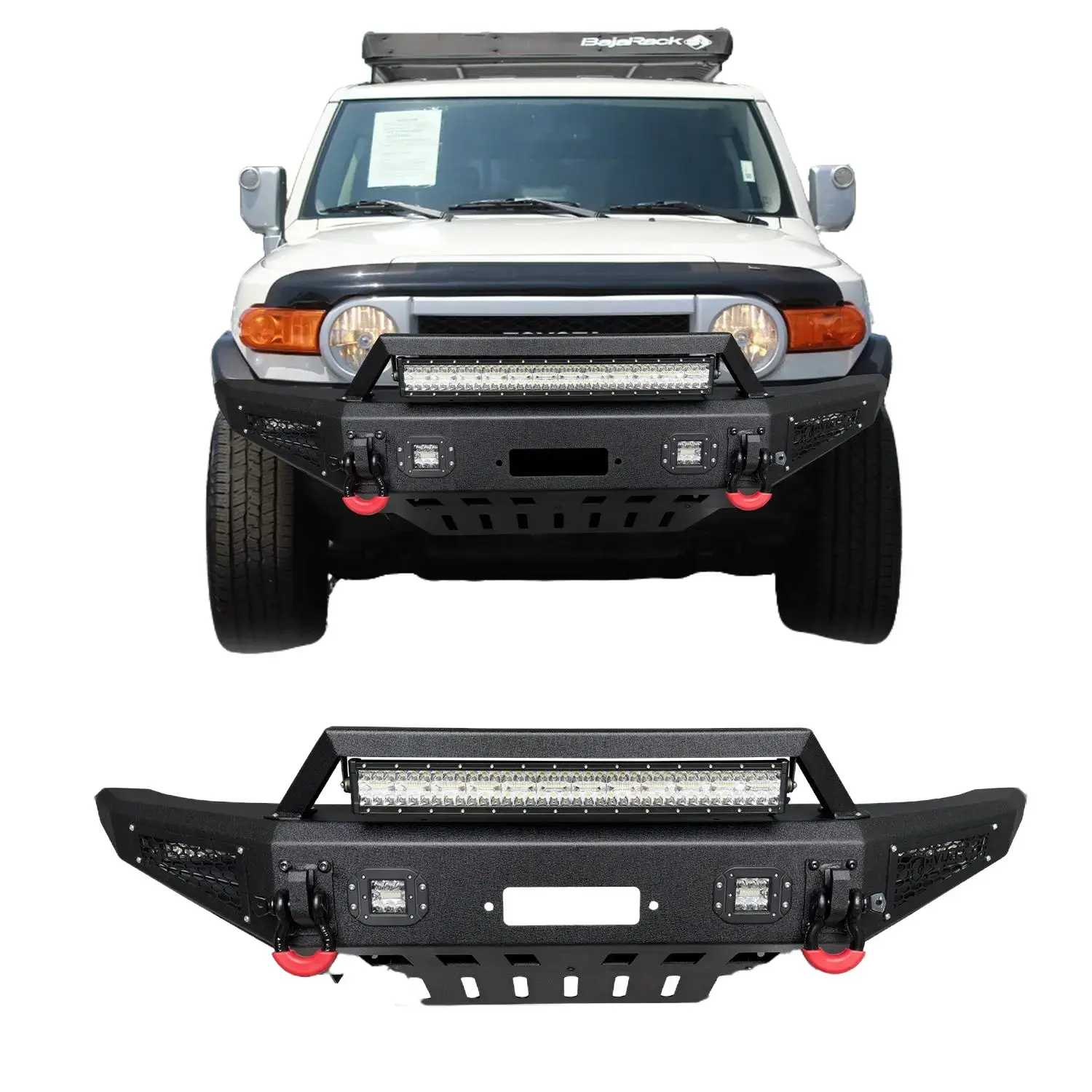 Vijay Custom Fit Black Textured Steel Front Bumper for 2007-2014 Toyota FJ Cruiser, Off-Road Ready Car Body Repair Auto Part with Winch Plate, LED Lights, 2 D-Rings, Versatile Attachment Options Simple screw installation