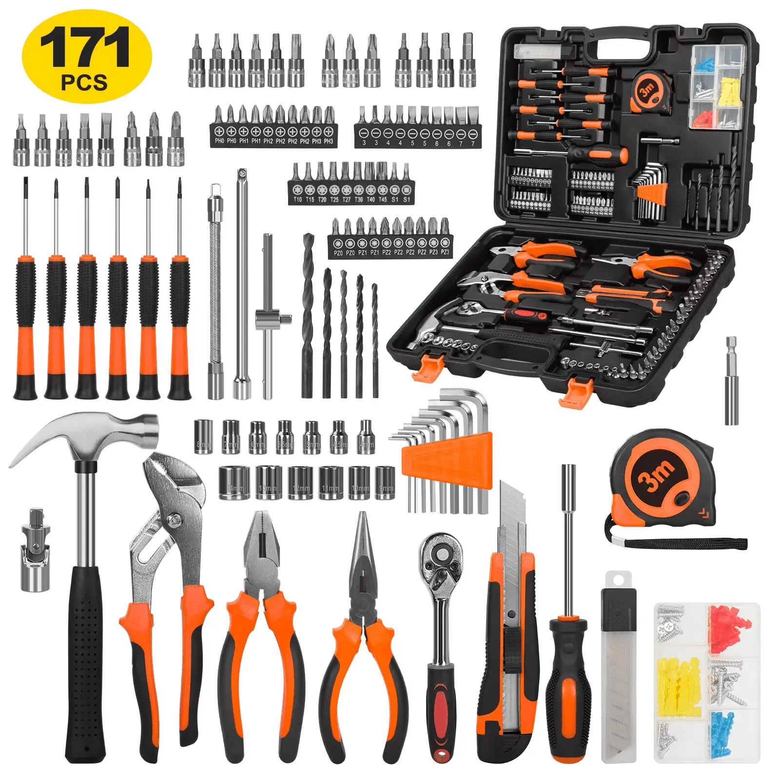 171 Piece Socket Wrench Auto Repair Tool Combination Package 1/4" Ratchet Wrench, Household Tool Set General Mechanic Tool Kit and Socket Set, Hand Tool Kit with Toolbox Storage Case