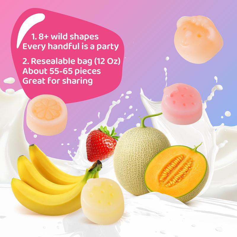 【Hyped Snack】GummyGlow Wax Candy 12 oz Bag Coconut- Variety Milk Fruity Flavor（banana，cantaloupe, strawberry） Filled Fun Shapes Edible Wax Sweet Snack for Parties Bonbon Sweet Fruit Bite