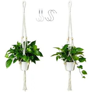 2-Pack Macrame Plant Hangers with Tassel, 35 Inch Boho Hanging Planters with 4 Hooks for Indoor, Handwoven Cotton Rope Holder for Home Decor (No Pot Included)