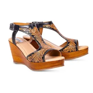Myra Bag Talitha Hand-Tooled Wedge Shoe with Intricate Floral Design and Comfortable Wooden Sole