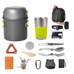 Camping Cookware Mess Kit, 16 pcs Backpacking Cooking Set, Lightweight Camping Pots and Stove Set for 1-2 Person, Outdoor Cooking Gear Ideal for Camping, Hiking, Backpacking and Picnic