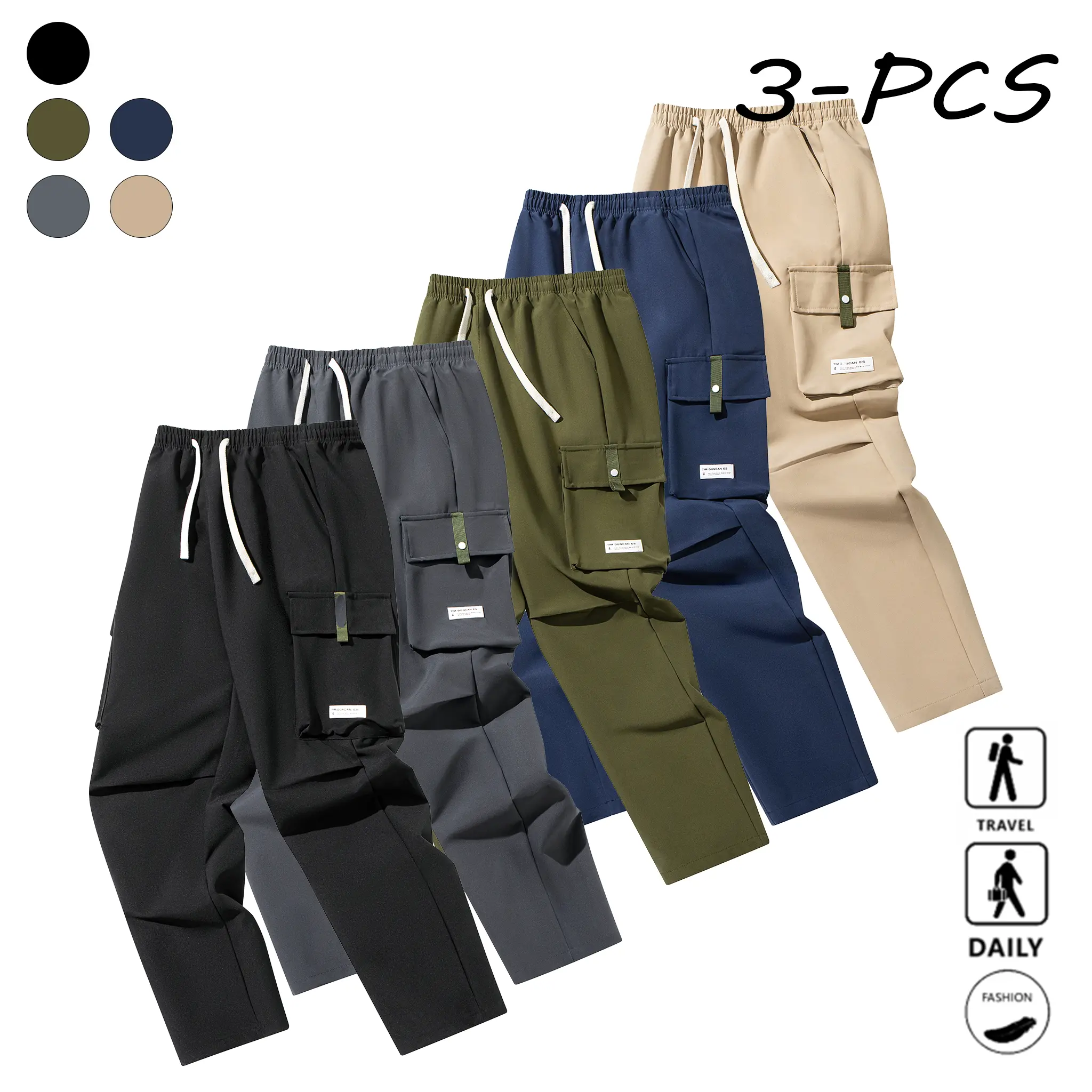 3-pack; Men’s summer casual construction workwear pants; multiple pockets with adjustable drawstring; street-casual loose wide-leg sweatpants; menswear; everyday bottoms