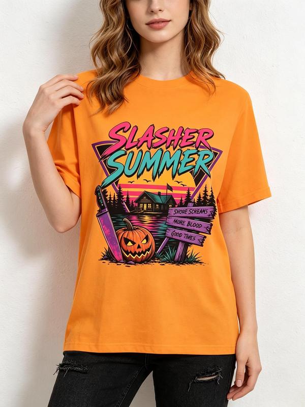 Women's Pure Cotton Short Sleeve Crew Neck Tshirt - Lightweight, Fitted Cut, 80s Vintage Slasher Print, Retro Horror Camp Piece, Comfortable Casual Beach Summer Top, Sohochic Vibe
