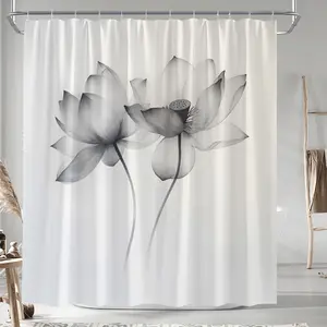 1 piece of simple transparent shower curtain with lotus pattern, detail design on a white background, size 70x70inch, comes with 12 hooks