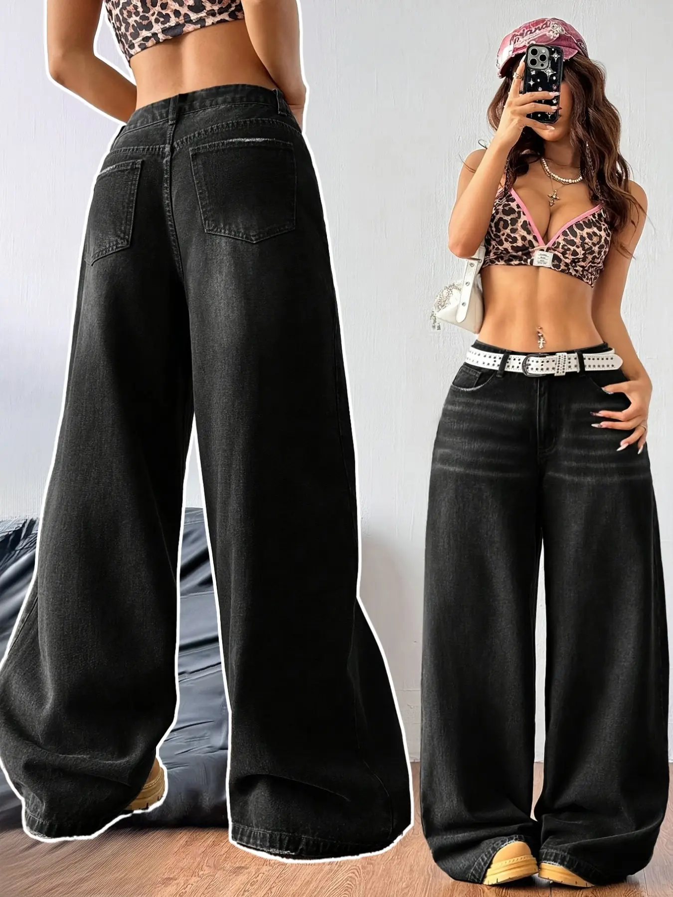 2026 Autumn Winter Women's Long Denim Jeans Pants, Basic, American Retro Y2K Casual Style, Relaxed, Loose, Wide Straight Leg, Washed Black Denim Material, Classic Whiskering Craft, Monkey Wash Finishing and Distressed Raw Edge Trim, Daily Street Fashion