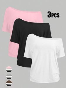 women's off-shoulder loose casual short sleeve t-shirt set of 3, comfortable summer tops for daily wear, stylish and versatile