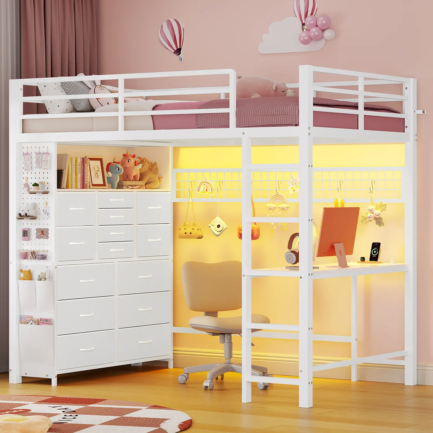 ADORNEVE Twin Loft Bed with Desk,14 Storage Drawers & Power Outlet, Kids Loft Bed Twin Size with LED Lights, Pegboard, Metal Loft Beds with Safety Guardrail & Ladder, Space Saving for Teens