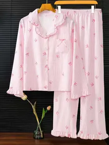 Women's Sleepwear Set, Breathable Striped Bow Design, Sweet & Fashionable Home Wear, Comfortable Nightgown for Women