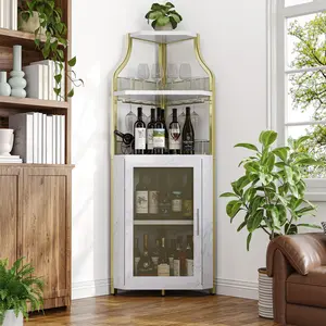 Corner Wine Cabinet with Glass Holder, 5-Tier Wine Bar Rack Cabinet with Mesh Door & Glass Holder,Industrial Liquor Storage Cabinet for Home, Kitchen, Dinning Room – Grey/Gold/White/Black/Brown/Rustic Oak – with/Without Light