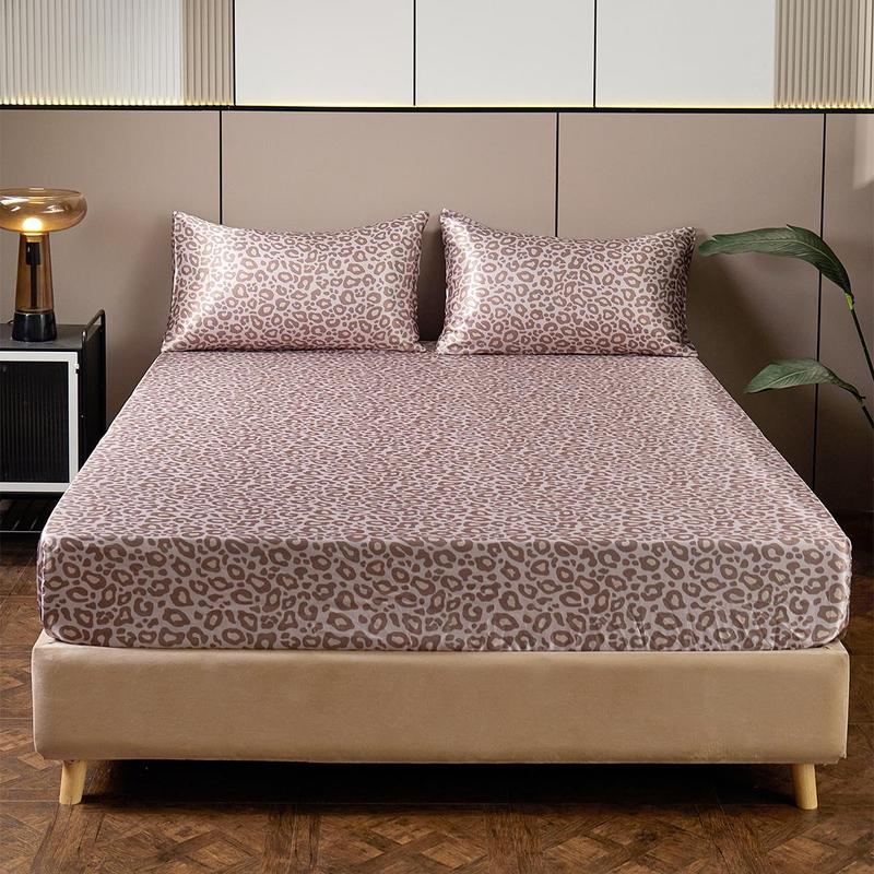 Leopard Print Fitted Sheet & Pillowcase Set, 3 Counts/set Including 1 Count Fitted Sheet & 2 Counts Pillowcase without Filler, Bedding Supplies for Home Bedroom
