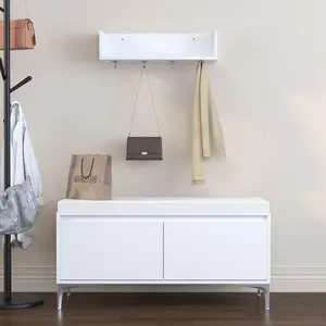 Modern White Entryway Shelf, Shoe Cabinet & Storage Bench Set with Hooks