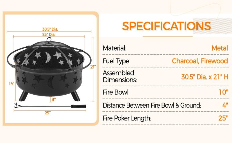 Yaheetech Outdoor Iron Fire Pit 36in/30in  Round Metal with Mesh Screen, Rain Cover, Spark Screen & Fire Poker, Oil-Rubbed Bronze Finish