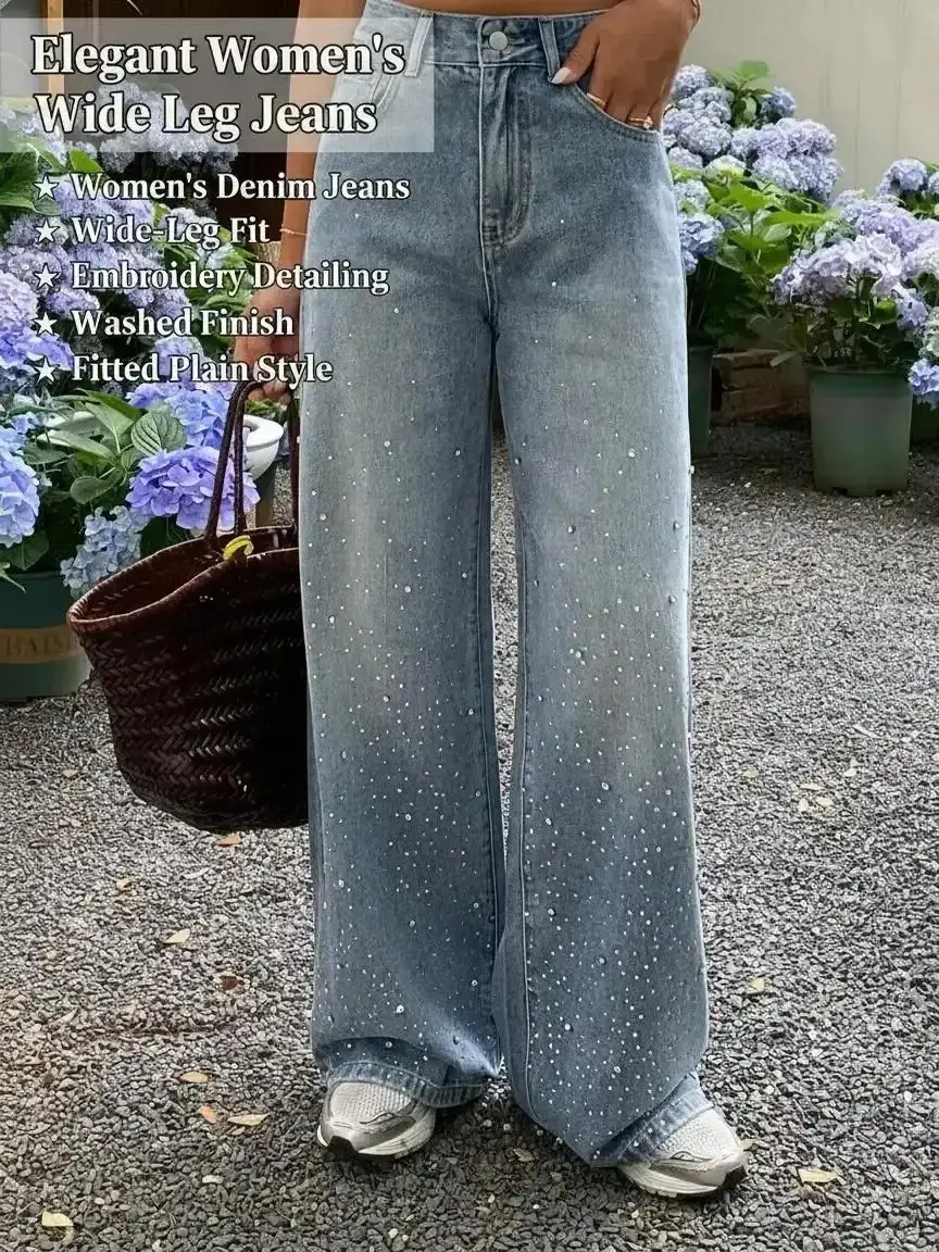 Women's Fashion New Denim Jean Soft Comfortable Wide Leg Embroidered Washed Casual Matching Long Pants, Elegant Chic Fitted Plain Style Trouser Womenswear streetwear trending now day to night