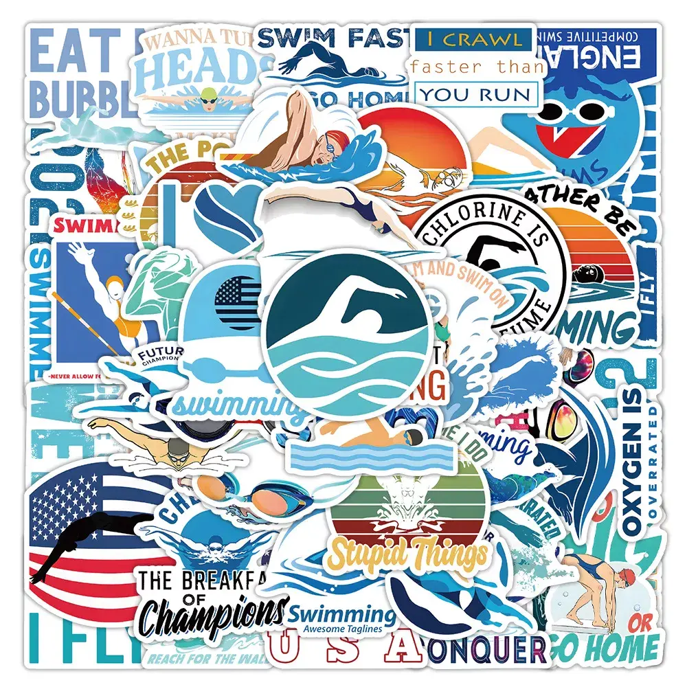 50 Pack of Swimming Themed Sports Stickers and Decals. No Duplicates. Great for Water Bottles