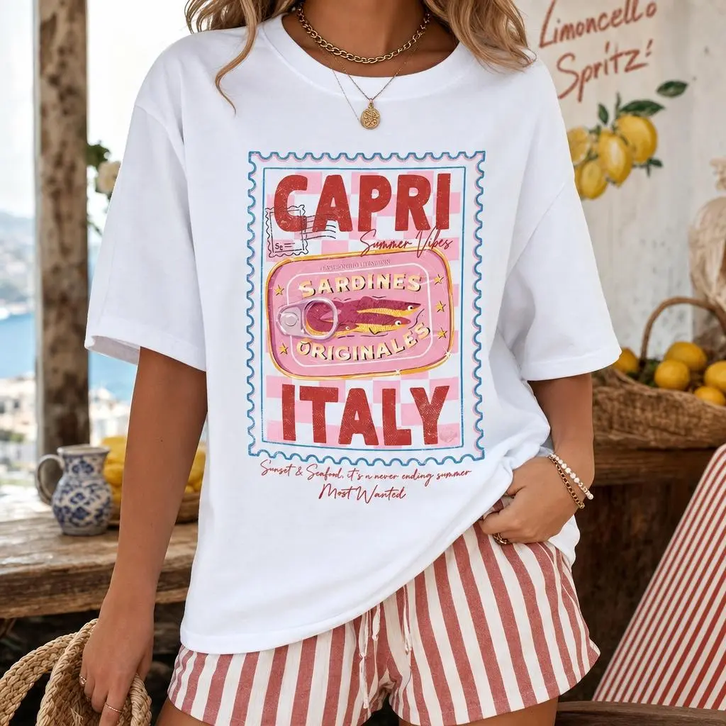 Women's Short Sleeve Capri Italy Stamp Print Graphic T-Shirt - Relaxed Fit Poly Cotton Summer Top, Comfortable Soft Crew Neck, Casual Beach Vacation & Daily Wear Streetwear