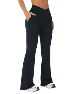 SHECAI Women's Crossover Flare Leggings with Pockets Yoga Pants | High waisted crossover waistband enhances the silhouette, with practical pockets for yoga, training and everyday movement