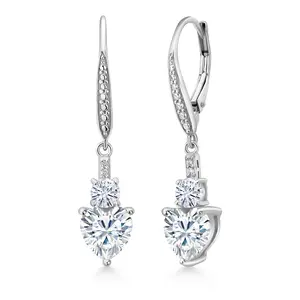 Gem Stone King Leverback Drop Dangle Earrings for Women in 925 Sterling Silver | Gemstone Birthstone and White Moissanite with Lab Grown Diamond Accents | Heart 7MM & Round 4MM | Fine Jewelry Her Mom Wife