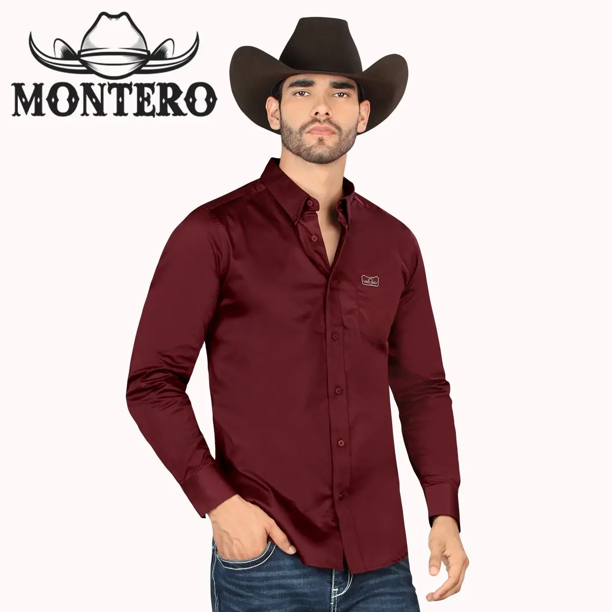 Montero Western Long Sleeve Shirt MT0463 for Men Stylish Snao Button Closure Casual Wear Medium Fit Maroon Menswear