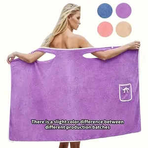 Women's Ultra-Soft Coral Fleece Bathrobe with Cute Bow Pocket - Thick Absorbent Wearable Towel Skirt for Home, Plush Cozy Clothing, Multiple Colors Available, Wearable Bath Towel