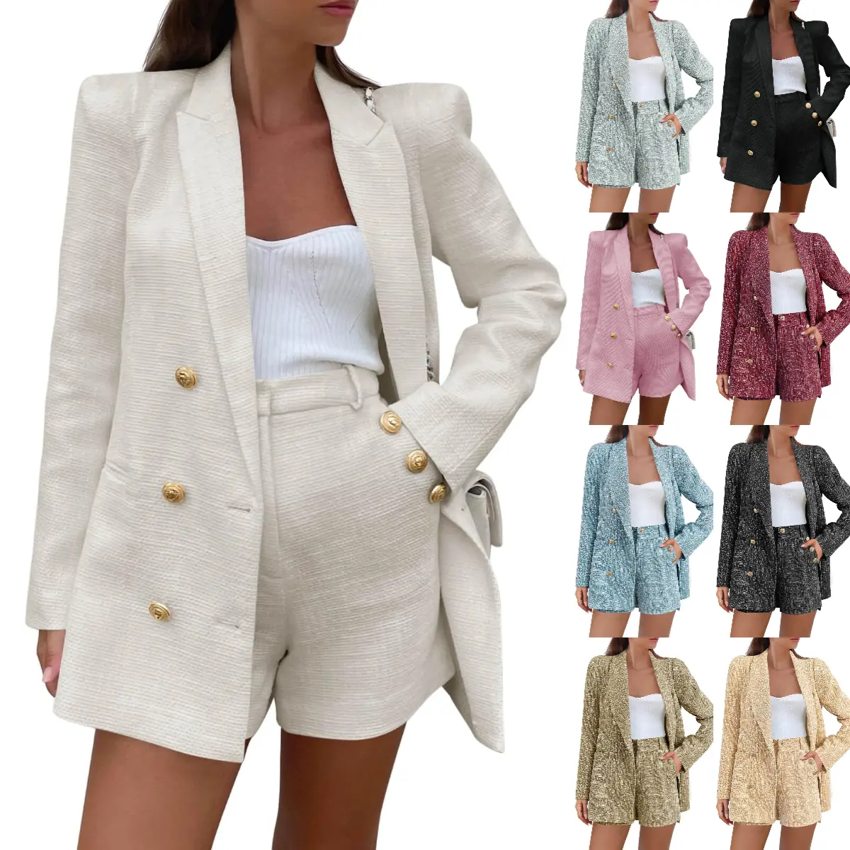 Goranbon Women's 2-Piece Tweed Blazer & Shorts Set - Long Sleeve Double Breasted Formal Suit Jacket, Soft Blouse, Elegance Casual Business Outfit, Fabric
