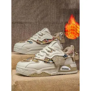 Men's winter sports lace up sneakers, thick soled fashionable shoes, warm wool lining, breathable and comfortable bear pattern, outdoor skateboarding, thick casual sneakersRAIMENTRY