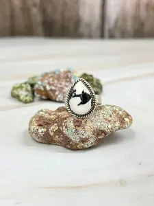 Handmade Sterling Silver White Buffalo Turquoise Adjustable Ring with Signed Nizhoni
