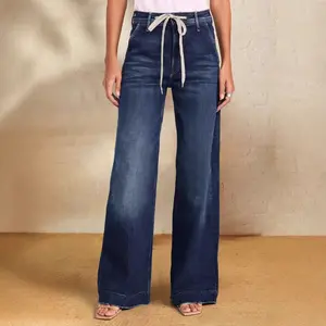 2025 Spring New Style Drawstring Elastic Jeans - Straight Fit, Elegant Wide-Leg Trousers for Comfort and Style