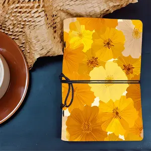 Luxury A6 Work Notebook Refillable Pages, Thick Paper Premium Valentine’s Day Gift for Professionals, Ideal for Office Work with Pattern on the Cover  Yellow and beige flowers