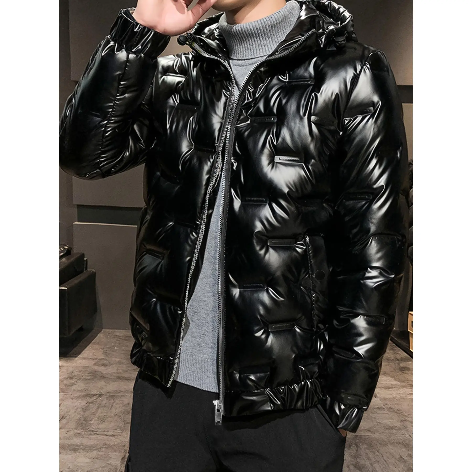 Men's Stylish Casual Glossy Hooded Puffer Coat, Thick Loose-Fit Winter Outerwear for Outdoor Sports