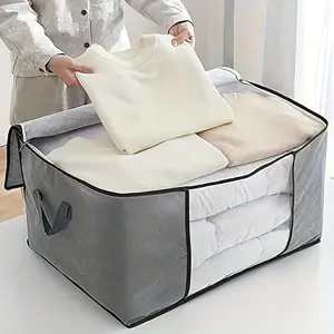2-Pack Zippered Storage Bag for Closet King Comforter Pillow Quilt Bedding Clothes Blanket Organizers with Large Clear Window & Carry Handles Space Saver Non-Woven Fabric Moisture-Resistant