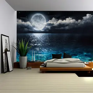Beautiful Lake Moon Wall Tapestry, Night Lake Landscape Moonlight Polyester Wall Hanging, Serene Nature Photo Backdrop Decor for Bedroom Living Room Office Dorm Party Home Decor with Hanging Kit