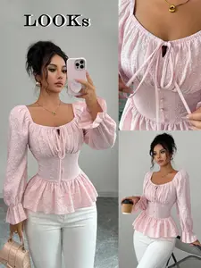 New Women's Square Neck Long Sleeve Woven Floral Fitted Blouse, Ruching Front Tie Bow Design, Ruffled Hem for Spring Elegant Daily Wear