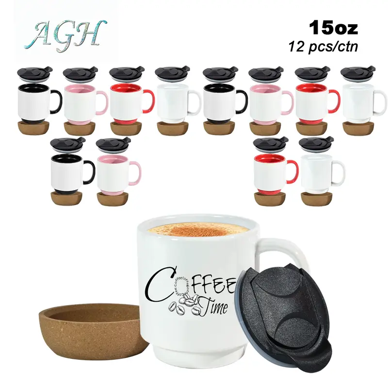 AGH 12pcs 15oz Sublimation Ceramic Mugs with Wooden Bottom Mixed Color Coffee Cups with Lids for DIY Sub UVDTF Gifts Drinkware