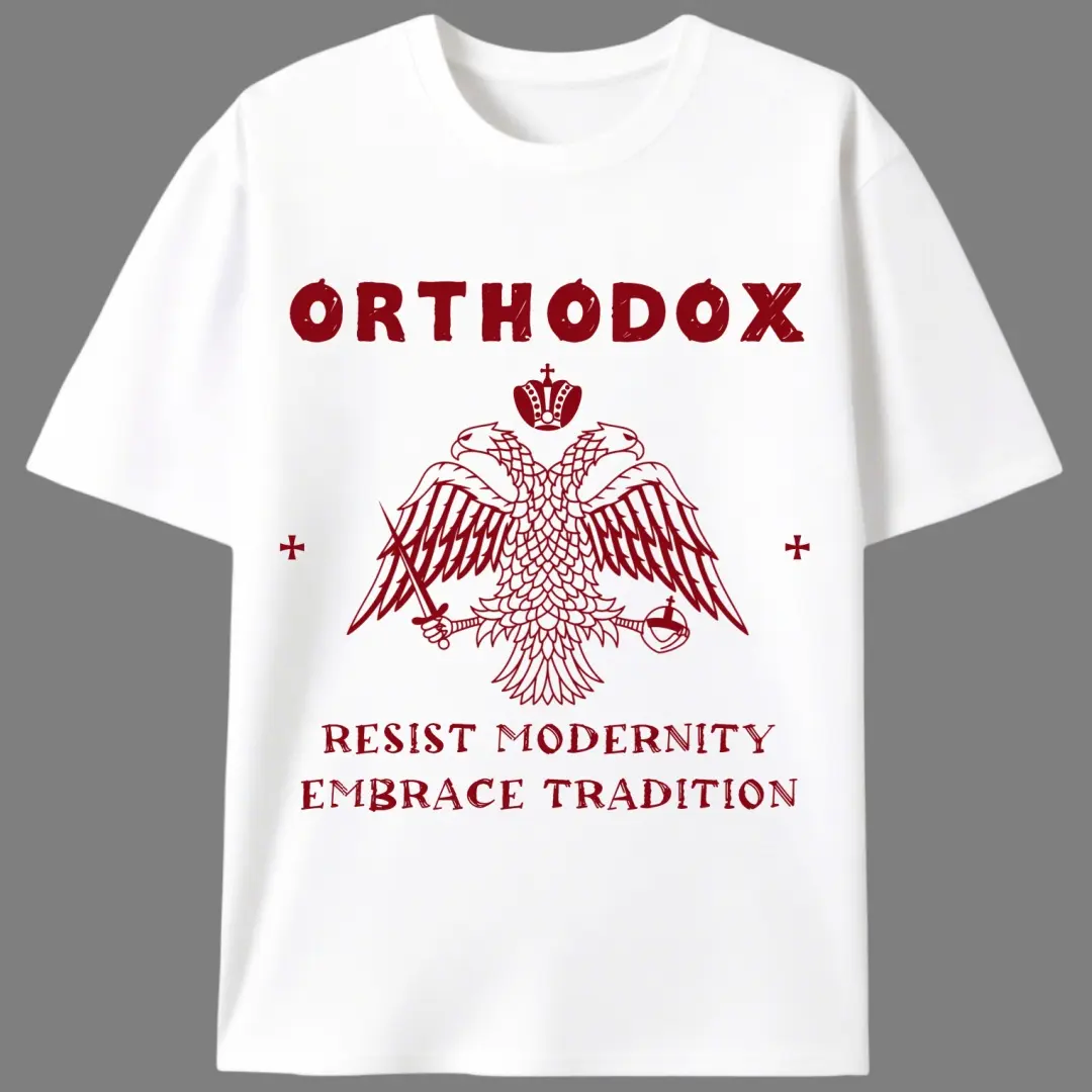 Men's Stretch Cotton T-shirt with a Traditional Byzantine Orthodox Print, Casual Unisex Shortsleeve Round Neck, Top, Fabric, Menswear, All Seasons, Slight, Machine Washable, 100% Cotton, Fitted Cut, Split Sleeve, Knit, Byzantine Print, Graphic, Tshirt