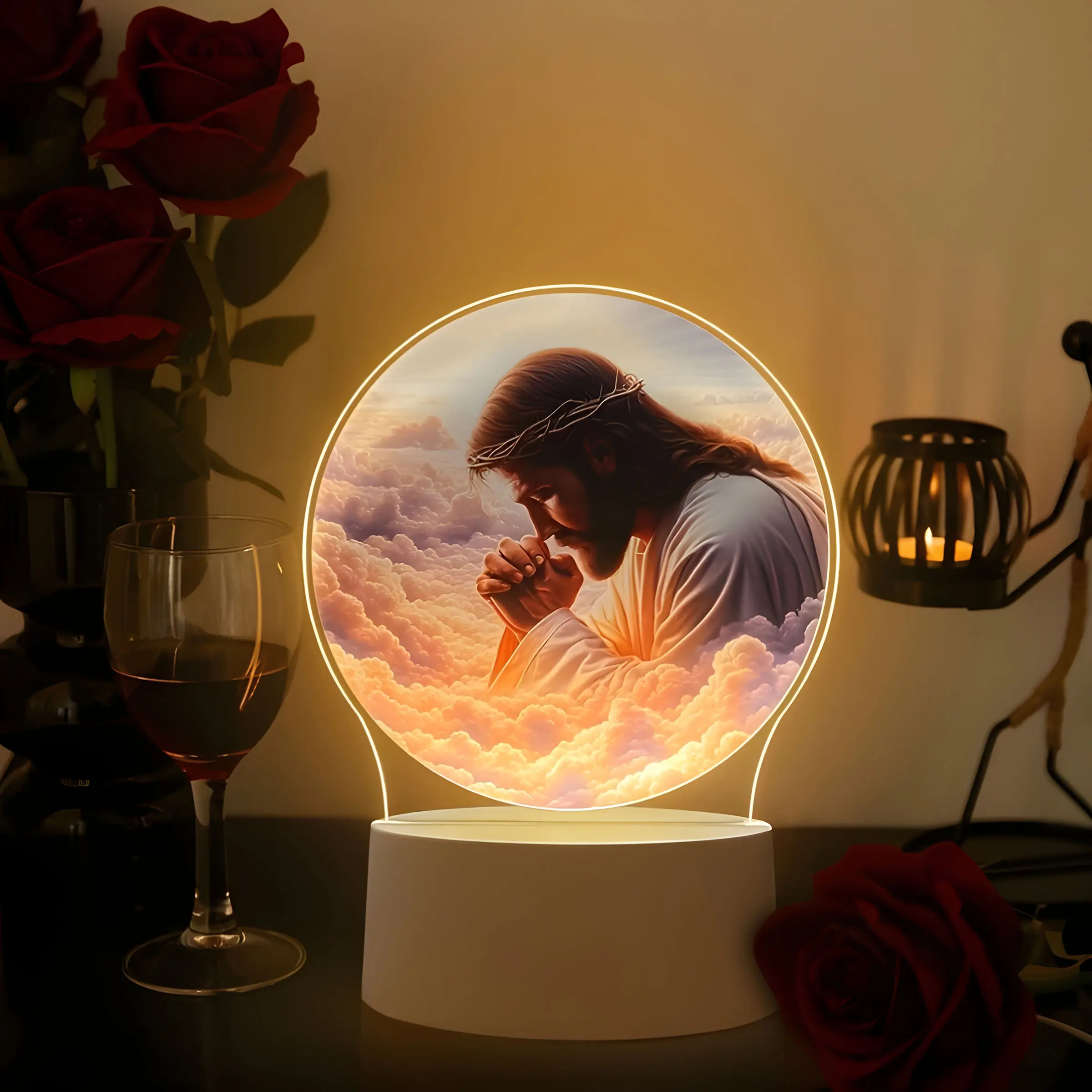 Acrylic Jesus Night Light, Led Mood Light, Decorative Night Light, Illuminated Night Light, Light Decor, Decor Lighting, Round Religious Decor, USB Powered, Home Office Art Frame Craft, Thanksgiving Christmas Decoration