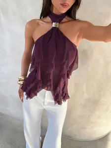 Women's Elegant Multi-Layer Ruffle Trim Stand Collar Fitted Tank Top