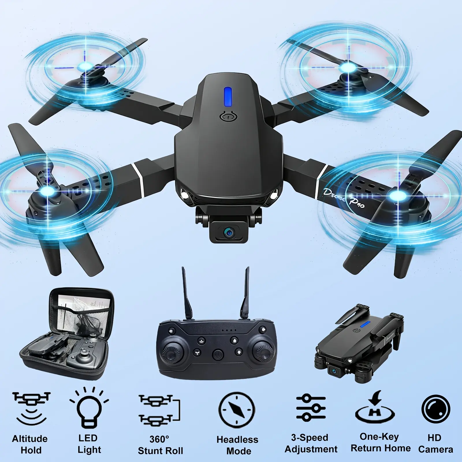 Remote control drone, 480P camera, one-button return and automatic altitude control, 360-degree stunt flight, three-speed settings, and headless mode – connects via Wi-Fi, capturing stunning aerial photos – the perfect gift for Christmas, Halloween, and T
