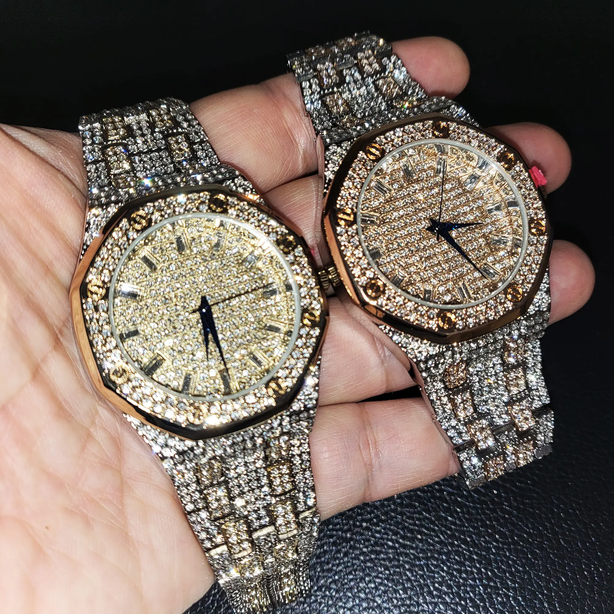 MaxBling81 Men's Luxury Iced Out Diamond Simulate Wrist Watch, 43mm Gold Plated Alloy Octagonal Face, Waterproof Quartz Movement with Adjustable Links, Diamond Wrist Watch, Fashionable Wristwatch, Luxury Wear, Male Watch