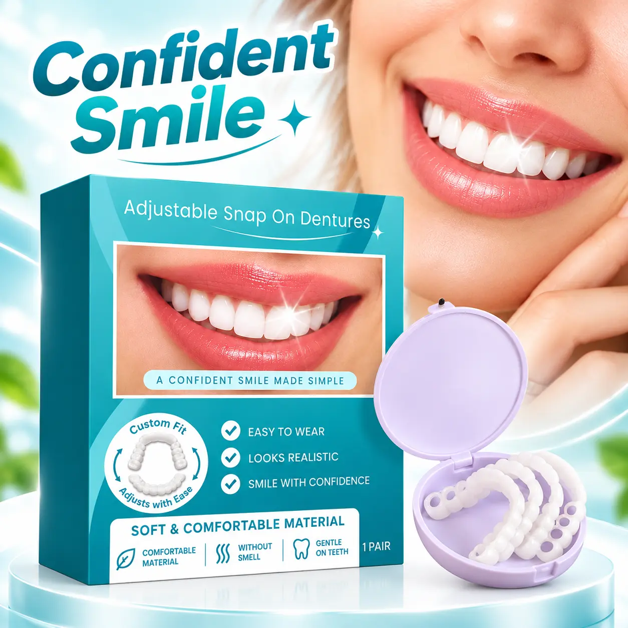 Adjustable Snap-On Veneers for Men & Women, 1 Pair Removable Cosmetic Teeth Covers for Upper and Lower Teeth, Natural-Looking Smile Accessories with Storage Case, Easy-to-Wear Temporary Smile Covers
