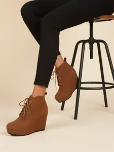 Women's Solid Color Faux Fur Boots, Lace-Up Thick Sole Warm Lining Rabbit Fur Boots, Winter Round Toe Wedge Shoes