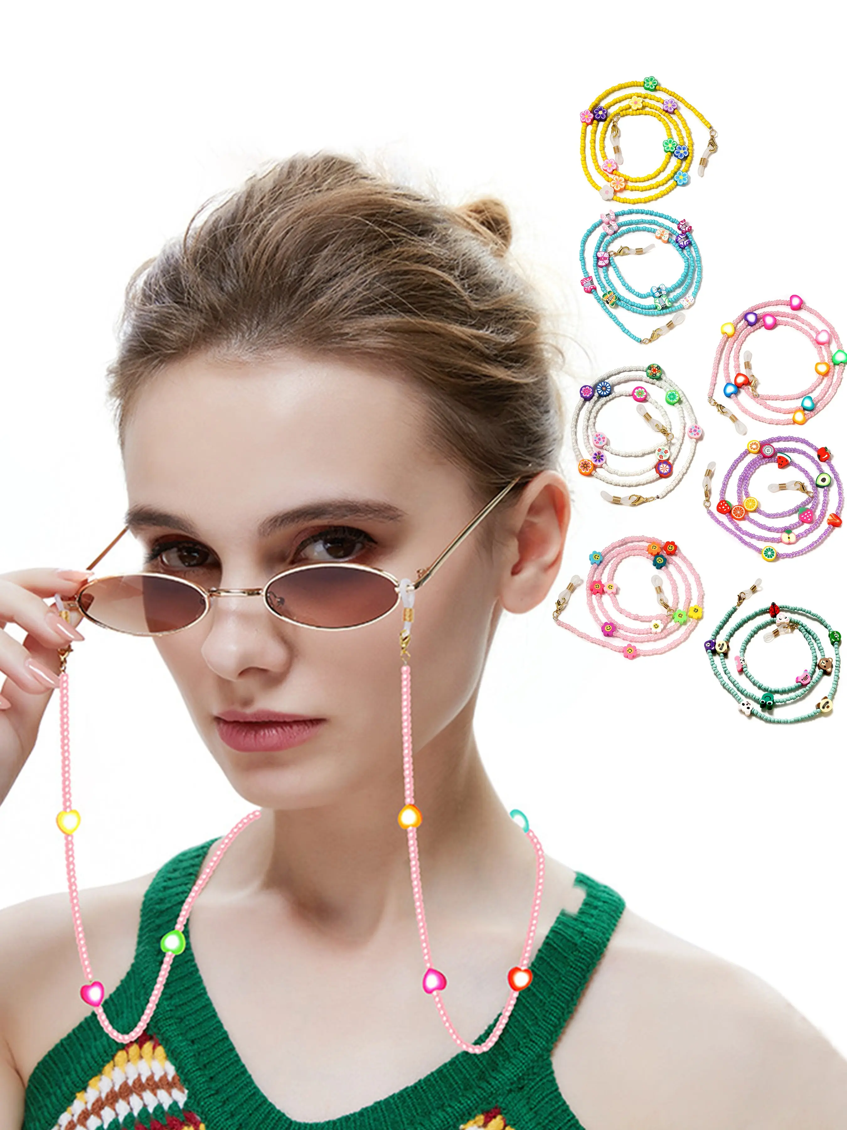 Rainbow Beaded Mask Eyeglass Chain Dual Use DIY Soft Clay Flower Mask Strap Neck Lanyard Anti-Loss Rope Glasses Accessory Hearts Sunglasses Holder Clip