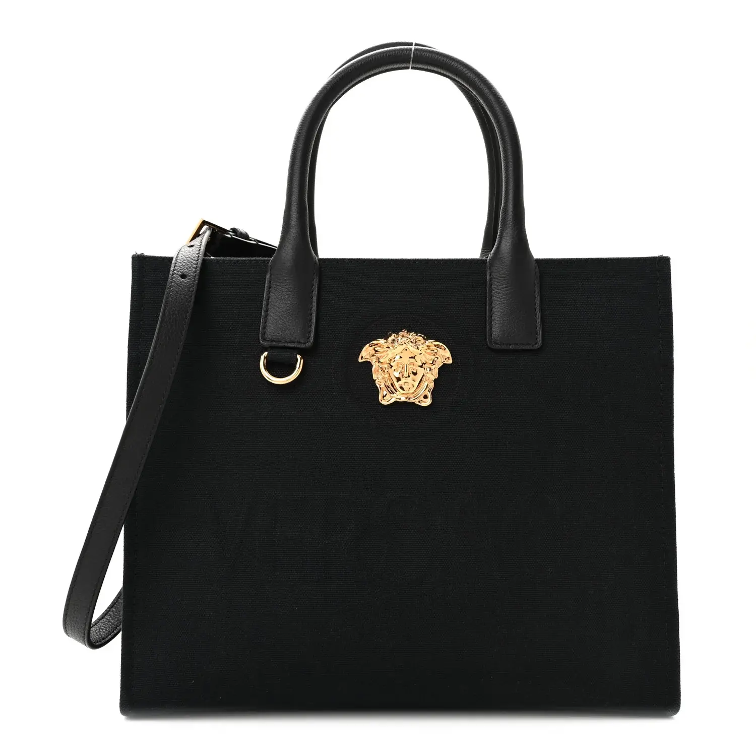 Pre-owned VERSACE Canvas and Calfskin Shoulder Bags Canvas Calfskin La Medusa Small Tote Black