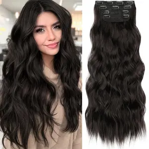 [AISI HAIR]Clip in Synthetic Hair Extensions Long Wavy 4PCS Thick Hairpieces Dark Brown 6# Fiber Double Weft Natural Hair Extensions 24 Inch for Women