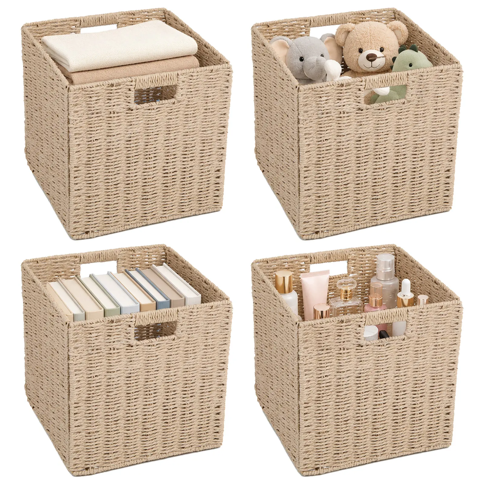Foldable Paper Rope Storage Basket with Handles, Rectangular Woven Basket for Shelves, 13" Collapsible Cube Bins for Organizing Shelves Living Room Bedroom Pantry